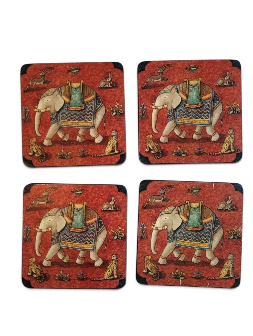 Vintage Elephant Motif Coasters Set of 4 - Burnt Orange & Teal Boho Indian
